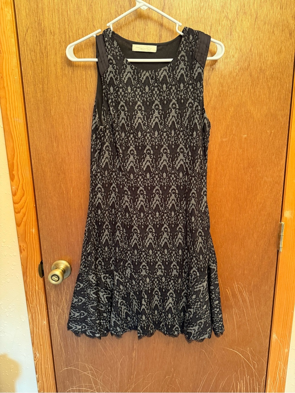 Sleeveless Black and Gray Patterned Fit-and-Flare Dress